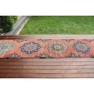 2,4x12,7 ft Vintage Rug, Turkish <b>Runner</b> Rug, <b>Red</b> Blue Animal Print Rug - Product Image 3