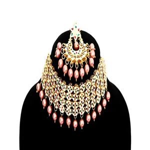 Ensemble de bijoux fins plaqués or 24 carats Kundan, collier avec boucles d'oreilles et Maang Tikka pour les mariages, pierres en zircon - Product Image 2