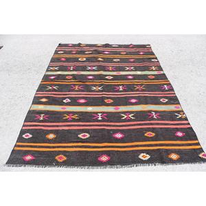 Vintage Turkish <b>Rug</b>, 5.6x7.3 ft Kilim <b>Rug</b>, <b>Black</b> Orange Animal Print Wool <b>Rug</b> - Product Image 1