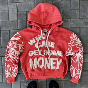 เสื้อฮู้ดมีซิปสำหรับผู้หญิงเสื้อฮู้ดแบบรูดซิป3D พิมพ์ลายพัฟปักแบบกำหนดเอง - Product Image 4