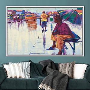 Toile imprimée avec motif de jour de pluie urbain vibrant pour décoration murale culturelle, 1P : encadré blanc - Product Image 1