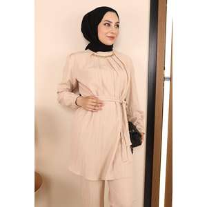 Ensemble 2 pièces beige MSW19140-3 – Hauts décontractés à col rond et longueur midi avec détail chaîne, 100 % polyester, nouveau style - Product Image 2