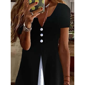Women's Short-Sleeved V-Neck Button-Front Two-Tone <b>Viscose</b> <b>Dress</b>, 24899 - Black - Product Image 2