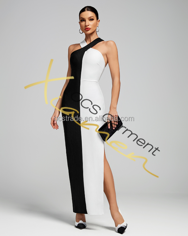 Ocstrade 2024 Winter Latest Black and White Cocktail Dress Halter  Crisscross Side Slit Long Bandage Elegant Cocktail Dress| Alibaba.com