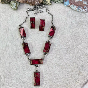 Elegante conjunto de joyería floral hecho a mano plata esterlina rojo rosa Dalia collar y pendientes rodio oro bisel ajuste para mujer - Product Image 1