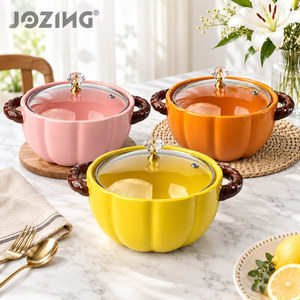 Toptan Seramik Balkabağı Saksı, Cam Kapaklı, Bulaşık Makinesinde Yıkanabilir, 2 Kulplu, Renkli Yivli, Mutfak Eşyaları İçin, Toplu, Stokta Mevcut - Product Image 1