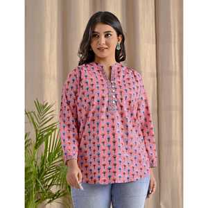 Blusa de Mujer con Estampado Floral Rosa, Corte Holgado, Popelina de Algodón Butti, con Cuello de Lazo, Botones Frontales, Largo, Talla XL, para Primavera/Verano - Product Image 6