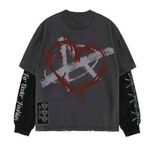 Personalizada de los hombres de la vendimia Hip Hop Streetwear Boxy Crop Camiseta de manga larga de ajuste Regular de algodón sólido ecológico transpirable rasgado - Product Image 3