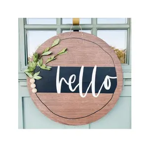 Welcome Sign Board para Farmhouse Front Door Round Flower Wood Hanging Placa Farmhouse Porch Decoração