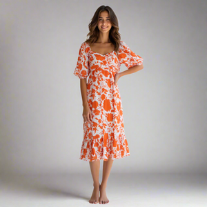 Elegant Floral Midi <b>Dress</b> Puff Sleeves Square Collar Smocked Breathable Empire Solid Ruffles XS XL 6XL Available for Day - Product Image 1