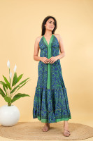 Robe longue maxi élégante en soie Lavinas faite à la main, lavable, respirante, formelle, pour femme, imprimée à la main motif floral, dos nu, col en V