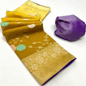 Saree en georgette pure crêpe Kadi élégant et fluide avec texture douce et aspect riche en jacquard fantaisie Meenakari - Product Image 5
