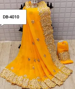 Bordir industri berat berat sutra alami Saree India modis trendi untuk wanita sutra Banglory dengan bordir Kurti