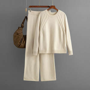 Automne hiver croix col rond couleur unie pull torsion tricot femmes chaud hiver deux pièces tricot pull ensembles - Product Image 3