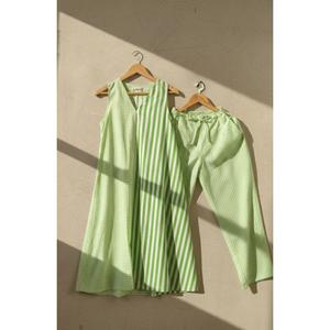 Conjunto de Kurta Casual a Rayas de Tela Oxford Gingham Transpirable sin Mangas con Cuello en V y Diseño sin Cuello para Primavera/Verano - Product Image 1