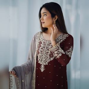 Luxury georgette plazzo salwar kameez with heavy <b>thread</b> work top and plazzo with dupatta pair for casual outing boutique style - Product Image 6