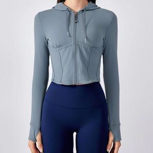 Sweat-shirt à capuche zippé slim fit pour femmes, course à pied, yoga, manches longues, haut ajusté, sweat-shirt court, sweat-shirt zippé court - Product Image 4