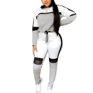 Ensemble de survêtement décontracté pour femmes, sweat-shirts et pantalons de survêtement imprimés, tenue de jogging à capuche en 2 pièces avec design patchwork - Product Image 5