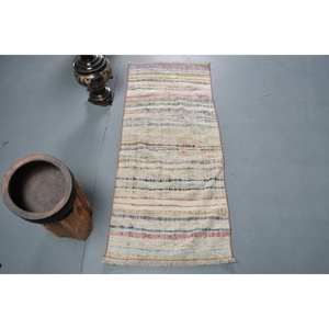 Alfombra turca vintage de 1,9x4,4 pies, diseño de retazos clásico hecho a mano blanco rústico para entrada de adolescentes, Material de lana, respaldo de látex - Product Image 1