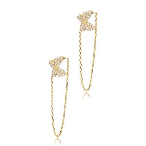 Butterfly Design CZ <b>Silver</b> <b>Stud</b> <b>Earrings</b> Chain Wholesale Handmade Trendy 925 Sterling <b>Silver</b> Turkish Jewelry - Product Image 1
