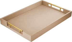 Plateau de service en bois avec poignées en métal poli or, plateau décoratif en bois rectangulaire en cuir pour la maison - Product Image 2
