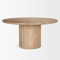 Table de salle à manger de cuisine en bois de manguier massif de forme ronde, de taille compacte, artisanale, avec un motif de linte, base sur pied