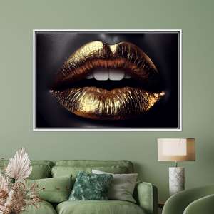 Impresión en lienzo Luxe Gold Lips, decoración glamurosa en negro y dorado, 1 pieza: con marco blanco - Product Image 1