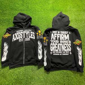 Ensemble de survêtements personnalisés avec fermeture éclair et délavage à l'acide Survêtement évasé vierge à impression bouffante pour hommes Pantalon de survêtement à capuche en tissu éponge Style Hip Hop Automne - Product Image 2