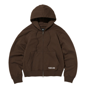 Sweat-shirt à capuche unisexe marron avec fermeture éclair, 100% coton, manches longues, décontracté, couleur unie, avec poches latérales, coupe-vent - Product Image 1