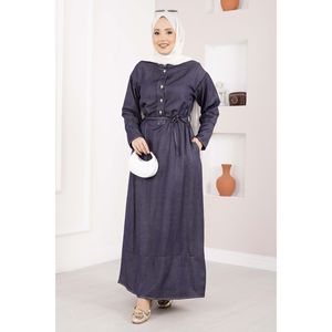 Robe en denim Tencel bleu marine décontractée, demi-boutonnée, ceinturée, style simple, silhouette droite, pour l'hiver - Product Image 1