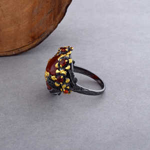 Bague en argent sterling massif 925 avec cornaline orange et pierres précieuses de qualité supérieure, faite à la main, incrustée de perles de diamants indiens, réglage fin - Product Image 1