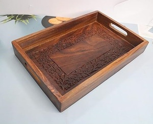 Sheesham bois fait à la main sculpture service plateau de rangement 12x8 en bois cuisine Table à manger décoration bougeoirs et bocaux - Product Image 1