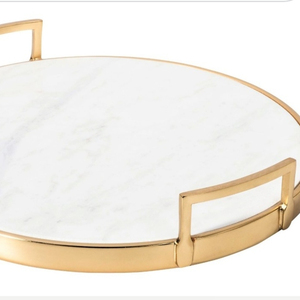 Plateau de service en marbre rond unique de luxe avec poignées en métal doré Plateau de service de table moderne - Product Image 1
