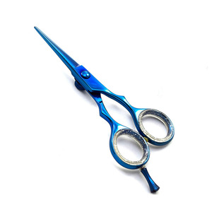 Ciseaux à cheveux de qualité supérieure avec vis et anneau en caoutchouc fantaisie, manche fantaisie, ciseaux de barbier, lame droite et tranchante, revêtement bleu - Product Image 2