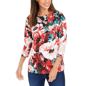 Top da Donna Charter Club con Stampa Floreale Rossa, Collo a Barchetta, Stile Casual, Logo Ricamato, Taglia XL, Realizzato in Seta e Poliestere per Signore - Product Image 1