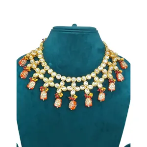 Conjunto de Collar Kundan con Cuentas Naranjas Chapado en Oro Vintage, Joyería Fina de Cobre para Novia, para Boda o Regalo - Product Image 2