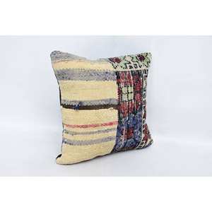 Oreiller Kantha en laine multicolore patchwork 16x16 pouces Coussin décoratif tissé avec motif vintage - Product Image 3