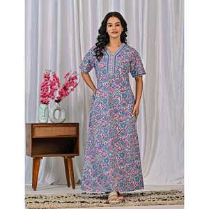 Vestido de Dormir 100% Algodón con Estampado Jaal Hecho a Mano, Camisón Suave Tejido con Diseño Floral y Cierre de Botones, Talla 3XL para Damas de Honor - Product Image 5