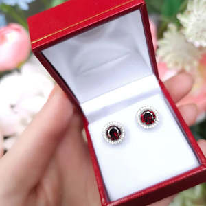 NOVAMART Fine Zarkan Vintage Red Garnet and Diamond Drop Earrings Dot <b>Silver</b> <b>Studs</b> with Ball Pattern Bezel Setting Trendy Style - Product Image 2