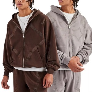 Sudadera con capucha con logotipo personalizado de gran tamaño lavado con ácido personalizado de lujo de la mejor calidad diamantes de imitación desgastados Regular Fit hombres ropa de calle Unisex - Product Image 1