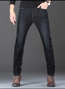 Jean bleu de haute qualité pour hommes Logo personnalisé Bouton latéral Skinny Baggy Stacked Denim Jean personnalisé brodé Hip Hop - Product Image 4