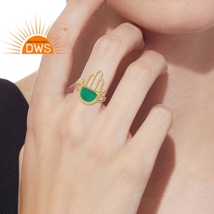 Anillo de Plata de Ley 925 con Baño de Oro de 18K y Piedra Preciosa de Ónix Verde Natural, Diseño Hamsa, Banda Dividida, Ideal para Fiestas, de Moda, el Más Vendido - Product Image 2