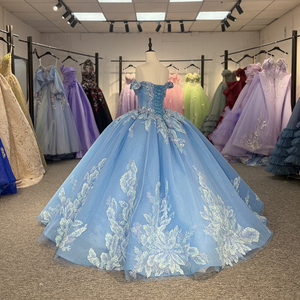 6762 Robes de soirée élégantes bleues à épaules dénudées avec motif floral pour les fêtes - Product Image 3