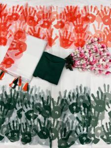 Vintage Fox Georgette azul estampado seda Sari logotipo personalizado moda corporativa para bodas fiestas Día de la independencia especial armario - Product Image 5