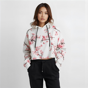 Fabrication Cherry Bloosem Theme Sweat à capuche court imprimé pour femme | Fabricant de streetwear Design Floral personnalisé - Product Image 3