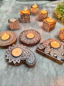 Hand-Carved Wooden Tea Light Holder | Indian Block Print Candle Holder | Diwali Gift & Festive Home Decoration - Product Image 2