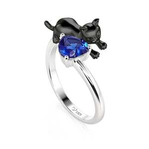 Jeulia Guardian <b>Black</b> Cat Heart <b>Ring</b> Sterling <b>Silver</b> Rhodium Plated Invisible Setting Gemstone <b>Ring</b> - Product Image 1