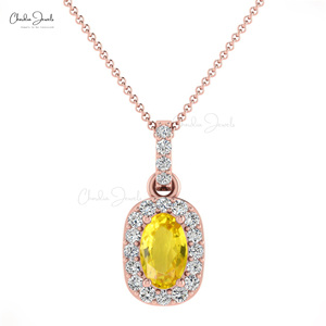 Personalized 7x5mm Oval Cut Yellow Sapphire Gemstone Pendant 14K Real <b>Gold</b> Diamond Cluster Halo Fine Pendants Necklace Jewelry - Product Image 3