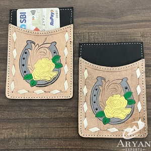 กระเป๋าใส่บัตรหนังวัวแท้ทำมือแบบขายส่ง ลายดอกไม้และเกือกม้า สไตล์ตะวันตก ใส่บัตร ATM ได้ - Product Image 1