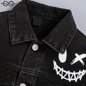 Veste en jean à rabat imprimé Expression pour garçons Fermeture à boutons Col encolure Vêtements décontractés Vestes en jean noir - Product Image 5
